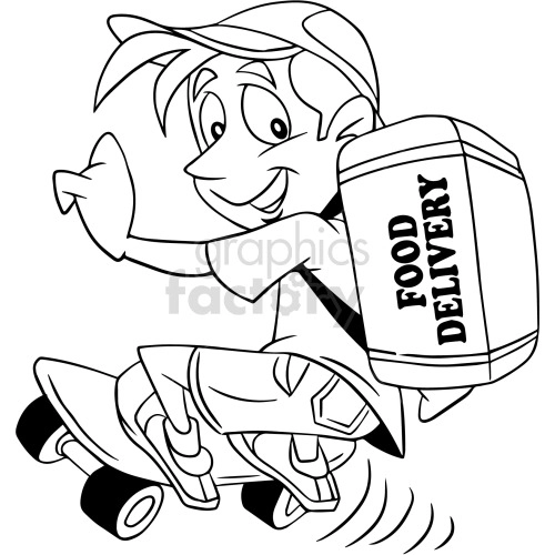 black and white cartoon guy delivering food on skateboard