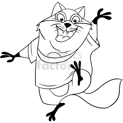 The image appears to be a black and white outline of a cartoon cat that is dancing. The cat has a joyful, exaggerated expression on its face, with its mouth open wide in a smile and its eyes wide. Its arms are stretched out, and one leg is extended, suggesting movement or a dance pose.