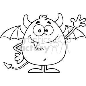 8957 Royalty Free RF Clipart Illustration Black And White Happy Devil Cartoon Character Waving Vector Illustration Isolated On White