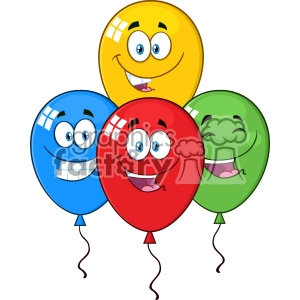 4 different colored balloons in red, green, yellow and blue. They have happy expressions