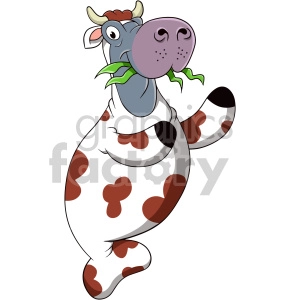 The image shows a playful illustration of a manatee that is whimsically dressed up to resemble a cow. The manatee features a cow-like pattern with spots on its body and is adorned with cow-like attributes, such as horns and ears resembling those of a cow, as well as leafy green seaweed hanging from its mouth to mimic the look of a cow chewing on grass.
