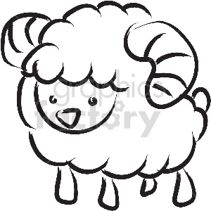 The image appears to be a black and white clipart drawing of a ram. The ram is characterized by its thick, curly fleece and its large, spiral horns. Its face is simplified with few details, conveying a friendly and cartoonish appearance.