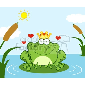 The clipart image features a whimsical green frog with large, googly eyes, wearing a golden crown and sitting contentedly on a lily pad in a blue swamp or pond. There are hearts floating near the frog, suggesting it is in love or radiating charm and affection. The background depicts a sunny sky with a bright yellow sun and fluffy white clouds, as well as some cattail plants rising from the water's edge.