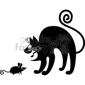 The clipart image depicts a stylized black cat with decorative flourishes facing a small, simple black mouse. The cat has a playful or curious posture, while the mouse appears to be standing still and facing the cat. The background is white.