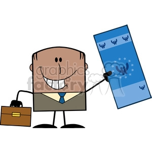 Royalty Free RF Clipart Illustration Lucky African American Businessman With Briefcase Holding A Euro Bill Cartoon Character