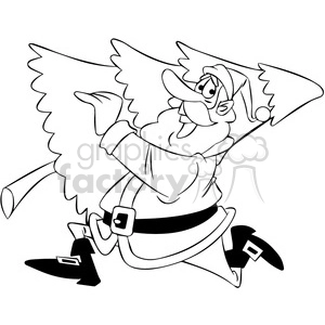 black and white cartoon santa running with christmas tree