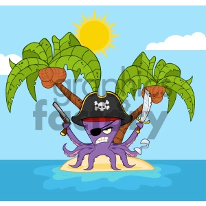 Royalty Free RF Clipart Illustration Angry Pirate Octopus Cartoon Mascot Character With A Sword Gun And Hook On A Tropical Island Vector Illustration With Background