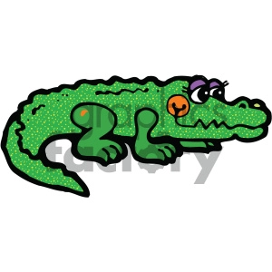 The clipart image depicts a cartoon-styled alligator with a friendly appearance. It has a green body with yellow spots, a big orange eye with purple eyelids, and is shown in a side view lying on the ground.