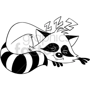 The image is a black and white clipart of a raccoon lying down and sleeping. The raccoon is depicted with a content expression, closed eyes, and three Z characters above its head to symbolize snoring or deep sleep. The animal is shown with its tail curled around its body.