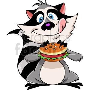 The clipart image displays a cartoon raccoon holding a hamburger. The raccoon is styled with large, expressive blue eyes and is smiling.