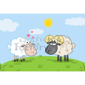 Royalty Free RF Clipart Illustration White Sheep In Love With Ram Sheep On A Meadow