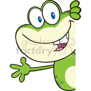 The image is a clipart of a cartoon frog. The frog appears happy and is smiling, with big, bulging eyes, and a friendly demeanor. It has a green body with a lighter underbelly and spots, and one of its hands is reaching out as if waving hello.