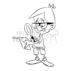 small boy using a magnifying glass cartoon black white