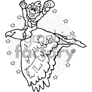 black and white cartoon man riding bird