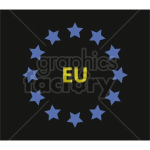 The clipart image depicts a circle of twelve blue stars on a black background, with the letters EU in the center in a bold yellow font. The image represents the flag of the European Union (EU), with the blue stars symbolizing unity among the EU member states and the EU abbreviation emphasizing the subject.