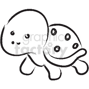 The image is a simple black and white clipart of a cartoon turtle. The turtle has a large, rounded shell with spots and a cute face with two eyes and a smiling mouth. It appears to be walking to the left with its head and legs visible from the side.