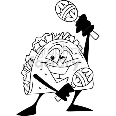 black white cartoon taco character holding maracas vector clipart