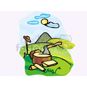 The image is a stylized cartoon clipart depicting a scene related to woodcutting. In the foreground, there is a tree stump with an axe embedded in it, indicating that wood chopping activities are taking place. Scattered around the stump are several logs and log pieces, suggesting recently cut wood. There is also a hat, presumably belonging to the person doing the woodcutting, resting near the stump. In the background, we see a sun partly obscured by a cloud, and a mountain, providing a sense of the outdoor, rural environment where the woodcutting is happening.