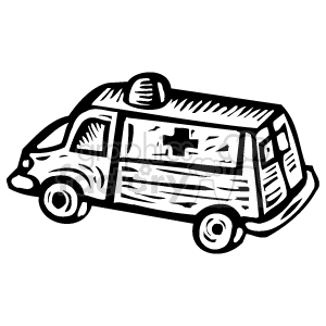 The image shows a black and white clipart illustration of an ambulance. Visible features include the distinctive cross symbol often associated with medical services, windows with a hint of movement within, wheels indicating the vehicle's function to transport, and what appears to be a siren or beacon light on top of the ambulance.