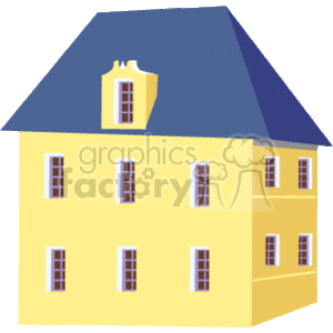 The clipart image features a stylized representation of a two-story house with a large blue roof. The house is colored yellow, and there are multiple windows symmetrically placed across its facade. There's also a singular window in the roof, suggesting an attic space. It's a simplified depiction common for real estate, home construction concepts, or children's illustrations.