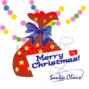 The clipart image features a festive Christmas theme with a red sack adorned with yellow stars and a large blue bow, likely representing Santa's bag. Above the bag, there is a string of colorful Christmas lights. In the foreground, there's an envelope with the words Merry Christmas written on it and signed Santa Claus, indicating it's a letter from Santa.