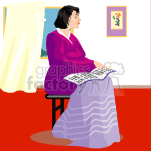 The image depicts a woman sitting on a chair, reading a document with Braille text. She appears to be visually impaired or blind, as suggested by the Braille document. The room has a homey setting, with a window, curtains, and a framed picture on the wall.