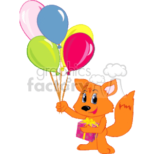 This clipart image features a cute cartoon fox holding a bunch of colorful balloons in one paw and a wrapped gift or present in the other. The fox appears cheerful, suggesting a celebratory theme, such as a birthday, holiday, or anniversary.