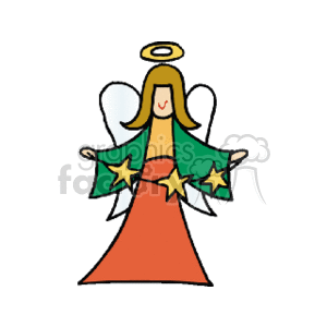 The clipart image features a stylized cartoon of a Christmas angel. The angel has a halo above her head, wings on her back, and is wearing a long red dress. In each hand, the angel is holding a green star, and there appears to be a peaceful expression on her face.