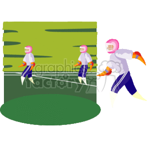 The clipart image displays three stylized football players on what appears to be a football field. The players are wearing helmets and sports attire with colorful accents that suggest protective padding and team colors. Two of the players are shown in profile, standing on the field, while the third player is depicted in a dynamic running pose. The background features horizontal lines, representing the motion or the field's yard lines.