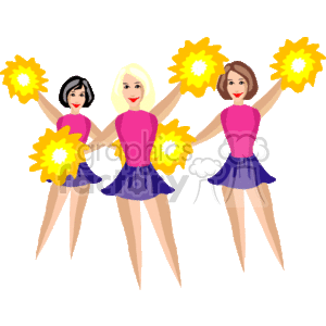 The image depicts three cartoon-style cheerleaders. They are wearing cheerleading uniforms consisting of pink tops and purple skirts, and each is holding yellow pom-poms. They are posed with their arms up and legs apart in a typical cheerleading stance, intended to represent the spirit and enthusiasm associated with cheerleading at sports events like football games.