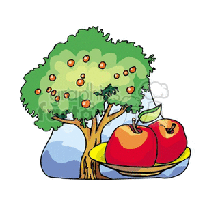 The clipart image shows an apple tree with several red apples hanging from its branches, and a bowl filled with freshly-picked red apples positioned in the foreground. There are rocks or large stones near the base of the tree.