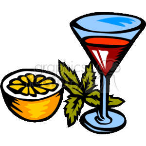 This clipart image features a colorful cocktail in a martini glass with a garnish, alongside a cut orange and a tropical leaf. The image depicts a festive alcoholic beverage commonly associated with celebrations or social gatherings.