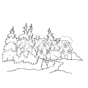 The clipart image depicts a tranquil winter scene consisting of evergreen trees heavily laden with snow, which are likely to be pines or firs, given their shape. There are two cabins nestled among the trees, also covered in snow, suggesting a remote setting. It is clear that the landscape is experiencing winter due to the thick snow covering the ground and the bare deciduous tree in the background. The lack of color indicates the image is a black-and-white line drawing, which might be intended for coloring or as a simple illustration. 