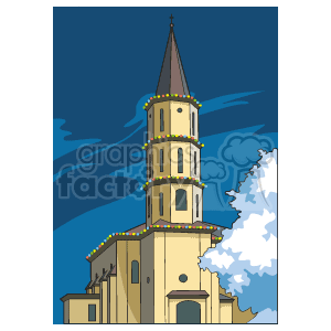 The clipart image displays a church or cathedral with a tall steeple, adorned with what appears to be holiday lights, indicative of a festive, Christmas-themed decoration. The background features a dark blue sky with streaks, possibly symbolizing either night-time or twilight, as well as a tree covered partially with snow on the right, suggesting a wintertime setting.