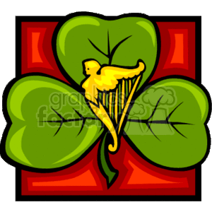 The clipart image features a stylized three-leaf clover with an ornamental harp integrated into the center leaf. Each clover leaf has a thick black outline with internal detail lines. The harp, a symbol often associated with Ireland, appears to be in gold color, contrasting with the bright green of the clover. The background has a red decorative square frame with swirl motifs in each corner.