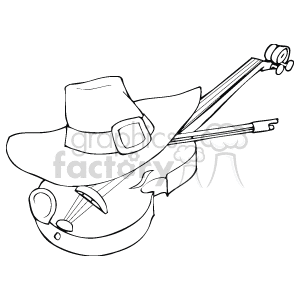 The clipart image depicts a violin (also known as a fiddle when used to play folk music) with a bow resting on it. There is also a large hat with a buckle on it positioned on top of the violin, which is commonly associated with leprechaun attire and Irish folklore, especially in the context of Saint Patrick's Day celebrations.