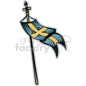 The clipart image depicts a stylized flag with a Christian cross. The flag is designed with a combination of dark blue and light blue colors, with a yellow or gold cross that extends to the edges of the flag. The flag is attached to a pole that is capped with a Christian cross, indicating the religious symbolism associated with Christianity.