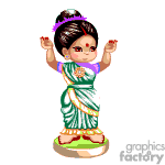 The clipart image displays an animated character of a traditional Indian dancer, likely inspired by classical Indian dance forms like Bharatanatyam or Kathak. The character is wearing a green saree with orange and gold trim, has a bindi on the forehead, a traditional hairstyle, and appears to be in a dance pose with raised arms.