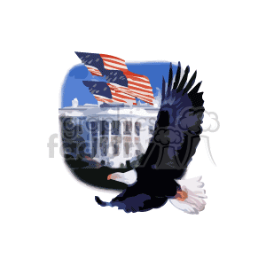 This clipart image contains an American bald eagle in the foreground with its wings spread wide. Behind it, there's an illustration of the United States Capitol building. The eagle appears to be flying, and an American flag is depicted in the top left corner, waving in the breeze. The overall theme is patriotic, displaying symbols associated with the United States, which could be related to holidays like Memorial Day, Labor Day, or any American patriotic celebration.