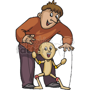 The clipart image depicts a man operating a puppet. The man appears cheerful as he playfully manipulates the strings of a smiling wooden puppet, making the puppet appear as if it is walking or dancing. 