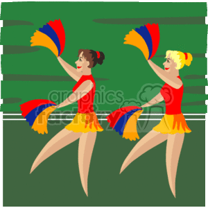 The clipart image features two cheerleaders with pom-poms. They are depicted mid-cheer, with one leg lifted, and the pom-poms are in vibrant blue, orange, and yellow colors. Both cheerleaders are dressed in coordinating costumes of red, yellow, and blue, and they are performing on a green background which could represent a football field.