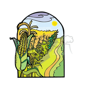 The clipart image features a stylized representation of a cornfield with multiple corn plants bearing ripe ears of corn. One large ear of corn is prominently displayed in the foreground, partly husked, revealing the kernels. The background shows more corn plants and rolling fields, possibly indicating a larger farm or agricultural setting. A bright sun is depicted in the top corner, indicating a sunny day conducive to crop growth.