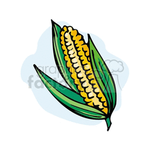 This clipart image depicts a partially husked ear of corn. The yellow kernels are visible, and they are surrounded by green husk leaves. This depicts a ripe and ready-to-eat vegetable commonly associated with agriculture, gardening, and summer BBQs.