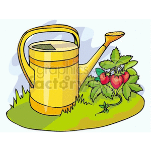 The clipart image depicts a yellow watering can sitting on a patch of green grass beside a strawberry plant with ripe red strawberries. There is no water being sprayed; it's a static image without any motion such as water being poured from the can.