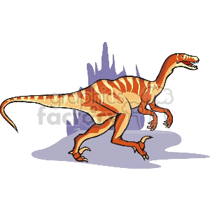 This clipart image depicts a stylized cartoon representation of a velociraptor, a type of theropod dinosaur that lived during the Late Cretaceous period. The dinosaur is shown in profile, with orange and tan stripes, walking on two legs with its tail extended for balance.