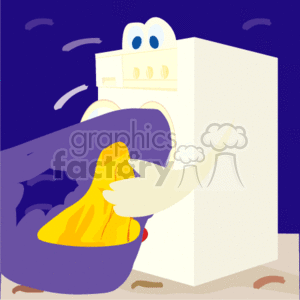 The image is a stylized clipart depicting a white washing machine with a face on its upper part, giving the machine a personified appearance. A hand is shown placing a yellow piece of clothing into the washer from a purple laundry basket. The background is dark blue with stylized representations of motion or water, emphasizing the washing theme.