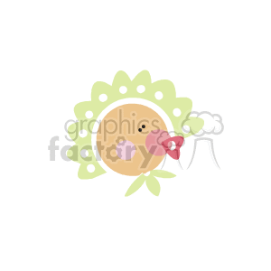 The image shows a stylized illustration of a baby's face with a pacifier. The baby is surrounded by a decorative border that could be interpreted as a lace or frilly frame, with accents like dots and a ribbon at the bottom, often associated with baby-related designs.