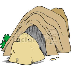 The clipart image depicts a cave with a large stone rolled partially in front of its entrance. The cave is set into a hillside or mound, and there is a small cluster of greenery to one side of the entrance.