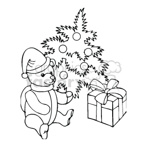 The clipart image features a Christmas scene with three main elements:
1. A teddy bear wearing a Santa hat.
2. A decorated Christmas tree with ornaments.
3. A gift box with a ribbon.