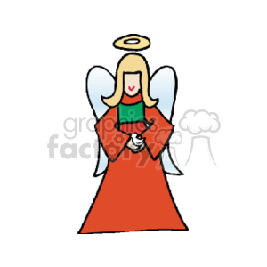 The clipart image depicts a stylized angel common to holiday or Christmas themes. The angel is dressed in a red gown, with blue wings, halo above its head, and is holding what appears to be a dove